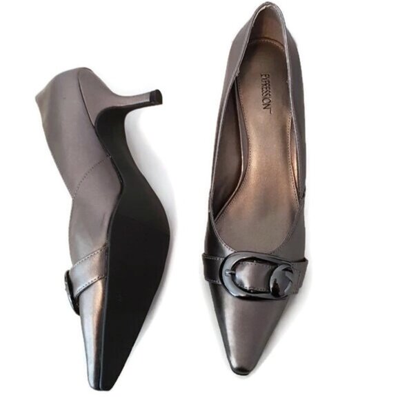 Size 10 Fits 9.5 Bronze Silver Pumps With Buckle By Expression - Picture 2 of 4